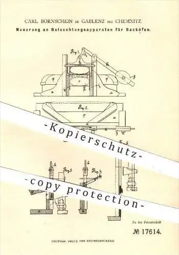 original Patent - C. Bornschein , Gablenz / Chemnitz , 1881 , Beleuchtung für Backöfen , Backofen , Bäckerei , Bäcker !!