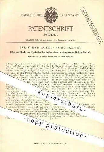 original Patent - Frz. Steinhausen , Penig 1884 , Hebel u. Winde zum Schlachten , Schlachter , Schlachterei , Fleischer