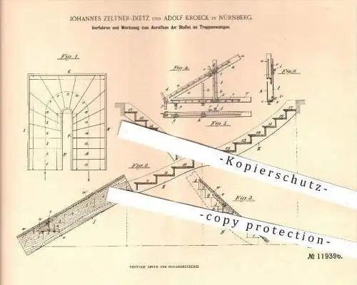 original Patent - J. Zeltner - Dietz / Adolf Kroeck , Nürnberg , 1899 , Anreißen der Stufen an Treppen - Wangen , Holz