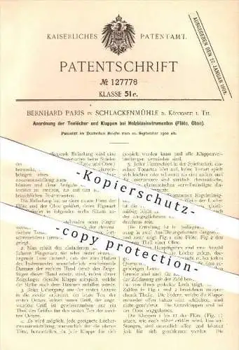 original Patent - B. Paris , Schlackenmühle / Königssee 1900 , Tonlöcher & Klappen am Holzblasinstrument , Flöte , Oboe