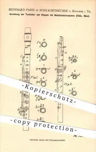 original Patent - B. Paris , Schlackenmühle / Königssee 1900 , Tonlöcher & Klappen am Holzblasinstrument , Flöte , Oboe
