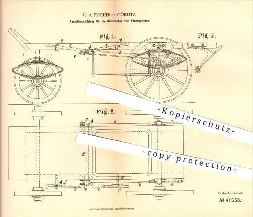 original Patent - G. A. Fischer , Görlitz , 1887 , Abstellen der Hinterachse von Feuerspritzen , Pumpen , Feuerwehr !!!