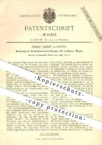 original Patent - F. Trebst , Leipzig , 1887 , Ventilation an Landauer Wagen , Wagenbau , Gebläse , Lüftung , Luft !!!