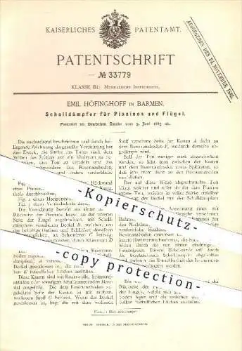 original Patent - E. Höfinghoff , Barmen 1885 , Schalldämpfer für Pianinos , Flügel , Piano , Klavier , Musikinstrumente