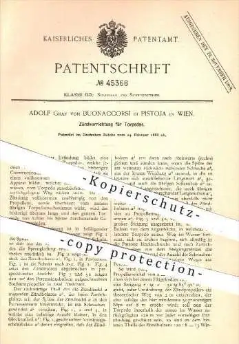 original Patent - Adolf Graf von Buonaccorsi di Pistoja , Wien  1888 , Zündung für Torpedos , Torpedo , Schiffe , Schiff