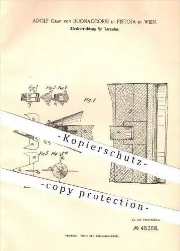 original Patent - Adolf Graf von Buonaccorsi di Pistoja , Wien  1888 , Zündung für Torpedos , Torpedo , Schiffe , Schiff