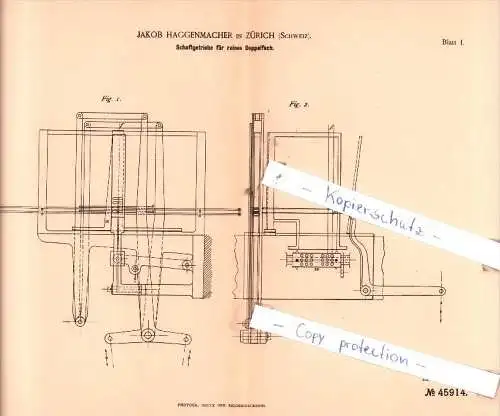 Original Patent  - Jakob Haggenmacher in Zürich , Schweiz , 1888 , Weberei !!!