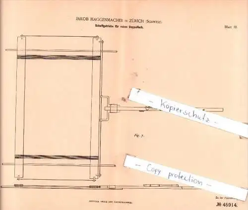 Original Patent  - Jakob Haggenmacher in Zürich , Schweiz , 1888 , Weberei !!!