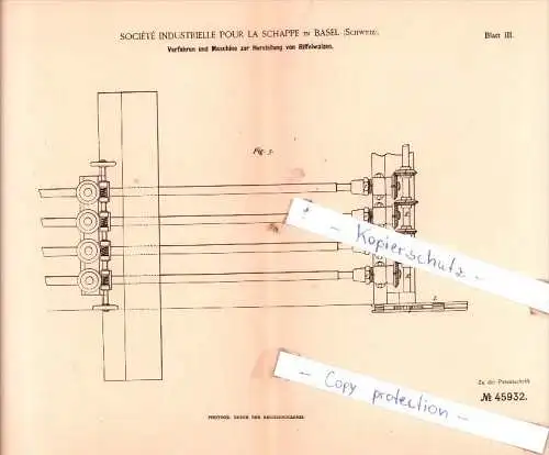 Original Patent  - Sociètè Industrielle Pour La Schappe in Basel , Schweiz , 1888 , Riffelwalzen !!!