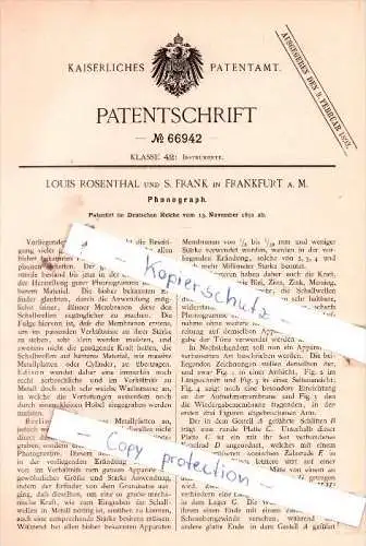 Original Patent  -  Louis Rosenthal und S. Frank in Frankfurt a. M. , 1891 , Phonograph , Grammophon !!!