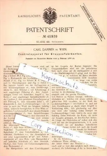 Original Patent  - Carl Danner in Wien , 1888 , Controlapparat für Gruppenfahrkarten , Fahrkartenkontrolle !!!