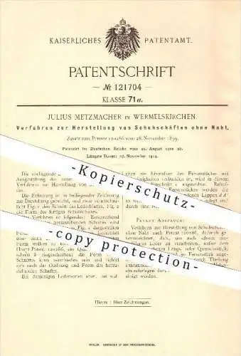 original Patent - Julius Metzmacher , Wermelskirchen 1900 , Schuhschaft ohne Naht , Schuh , Schuhe , Stiefel , Schuster