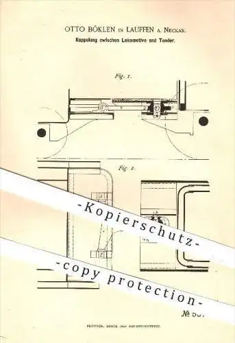 original Patent - O. Böklen , Lauffen / Neckar , 1890 , Kupplung zwischen Lokomotive & Tender , Eisenbahn , Eisenbahnen