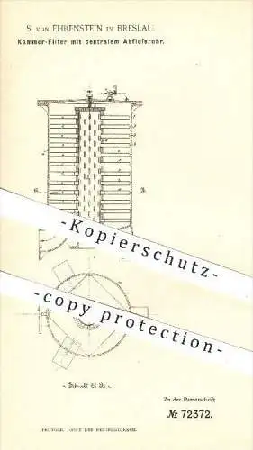 original Patent - S. von Ehrenstein , Breslau , 1892 , Kammer - Filter mit Abflussrohr , Filterpresse , Zuckerfabrik !!!