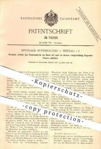 original Patent - B. Hufenhäusser , Werdau , 1894 , Krempel für Band mit Quer - Fasern , Spinnen , Spinnerei , Stoffe !