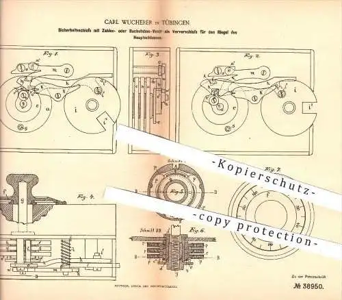 original Patent - C. Wucherer , Tübingen , 1886 , Sicherheitsschloss mit Zahlen - Buchstaben - Vexier , Schloss !!