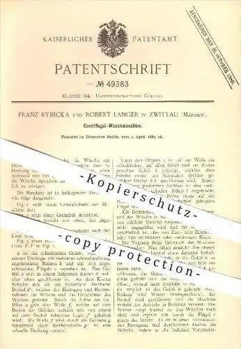 original Patent - F. Rybicka , R. Langer , Zwittau , Mähren , 1889 , Zentrifugal - Waschmaschine , Waschen , Wäsche !!!