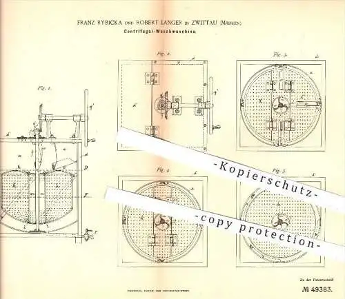 original Patent - F. Rybicka , R. Langer , Zwittau , Mähren , 1889 , Zentrifugal - Waschmaschine , Waschen , Wäsche !!!