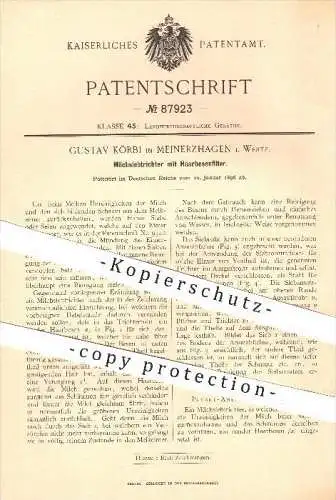 original Patent - Gustav Körbi in Meinerzhagen , 1896 , Milchsiebtrichter mit Haarbesenfilter , Milch , Landwirtschaft !