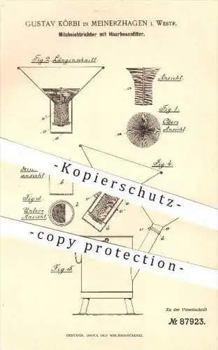 original Patent - Gustav Körbi in Meinerzhagen , 1896 , Milchsiebtrichter mit Haarbesenfilter , Milch , Landwirtschaft !