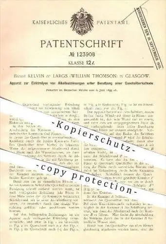 original Patent - Baron Kelvin of Largs , William Thomson , Glasgow , Elektrolyse von Alkalisalzlösung , Quecksilber !!