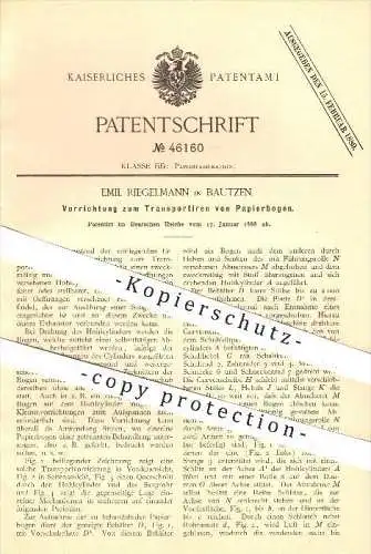 original Patent - Emil Bergmann in Bautzen , 1888 , Transport von Papierbogen , Papier , Papeterie , Papierfabrik !!!