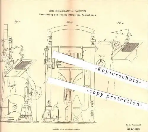 original Patent - Emil Bergmann in Bautzen , 1888 , Transport von Papierbogen , Papier , Papeterie , Papierfabrik !!!