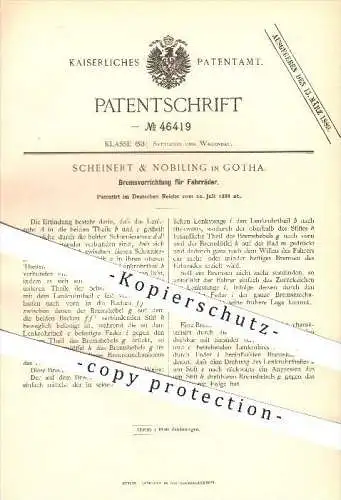 original Patent - Scheinert & Nobiling , Gotha , 1888 , Bremsen für Fahrräder , Bremse , Fahrrad , Räder , Bremshebel !!