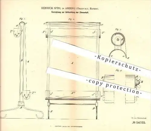 original Patent - Heinrich Sperl in Amberg , 1889 , Befeuchtung der Zimmerluft , Luft , Befeuchter , Gebläse , Lüftung !