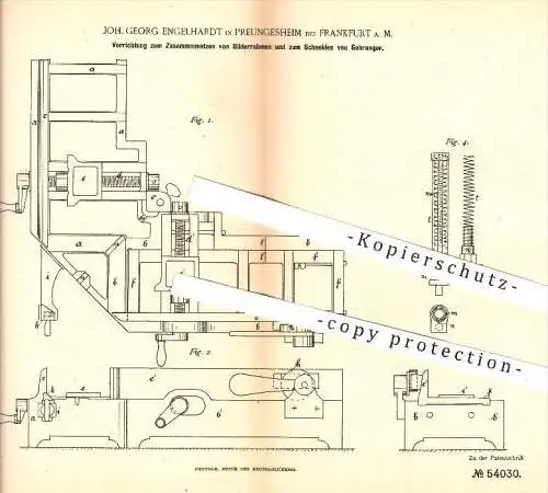 original Patent - J. G. Engelhardt , Preungesheim , Frankfurt / Main , 1890 , Holz auf Gehrung schneiden , Bilderrahmen