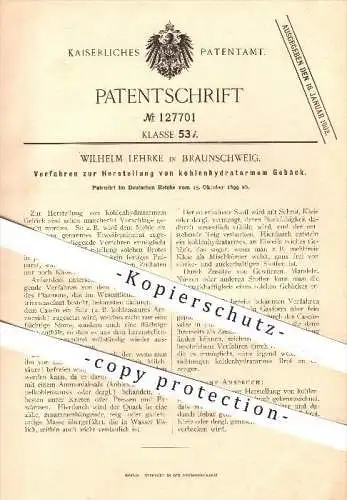 original Patent - Wilhelm Lehrke , Braunschweig , 1899 , kohlenhydratarmes Gebäck , Bäckerei , Bäcker , Brot , Backen !!