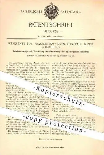 original Patent - Werkstatt für Präzisionswaagen - Paul Bunge , Hamburg , 1895 , Präzisionswaage , Waage , Waagen !!