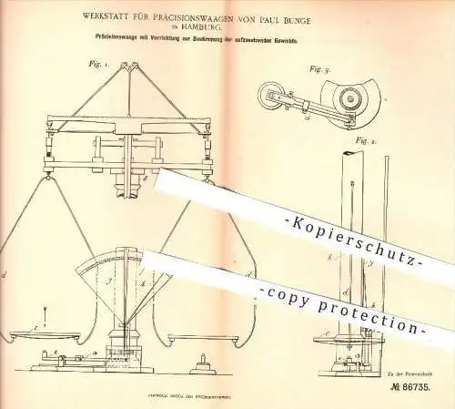 original Patent - Werkstatt für Präzisionswaagen - Paul Bunge , Hamburg , 1895 , Präzisionswaage , Waage , Waagen !!