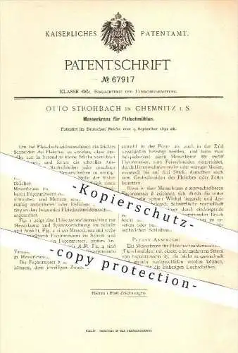 original Patent - O. Strohbach , Chemnitz , 1892 , Messerkranz für Fleischmühle , Fleischwolf , Schlachterei , Fleischer