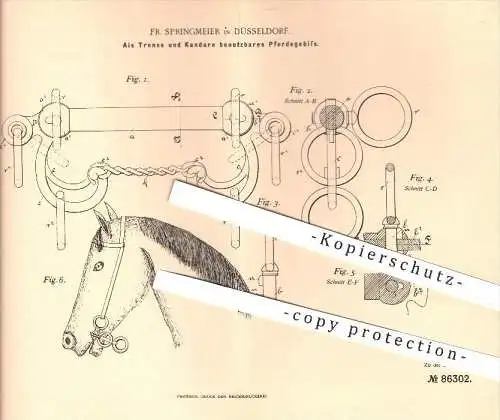 original Patent - Fr. Springmeier in Düsseldorf , 1895 , Als Trense u. Kandare benutzbares Pferdegebiss , Pfedegeschirr