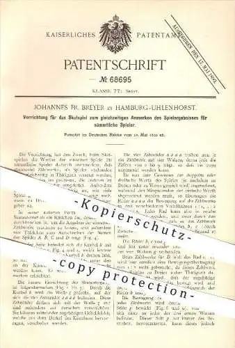 original Patent - J. F. Breyer , Hamburg - Uhlenhorst , 1892 , Zählwerk für Skatspiel , Skat , Kartenspiel , Sport