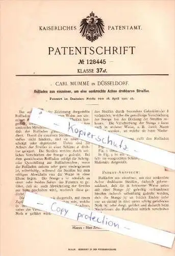 Original Patent  -  Carl Mumme in Düsseldorf , 1901 ,  Rollladen !!!