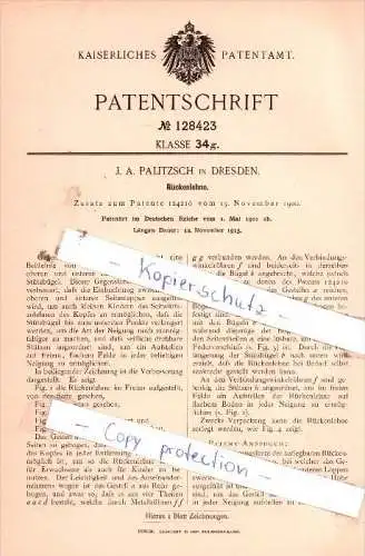 Original Patent  - J. A. Palitzsch in Dresden , 1901 , Rückenlehne !!!