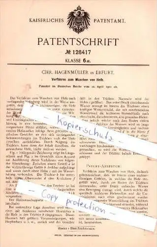 Original Patent  - Chr. Hagenmüller in Erfurt , 1901 , Verfahren zum Waschen von Hefe !!!