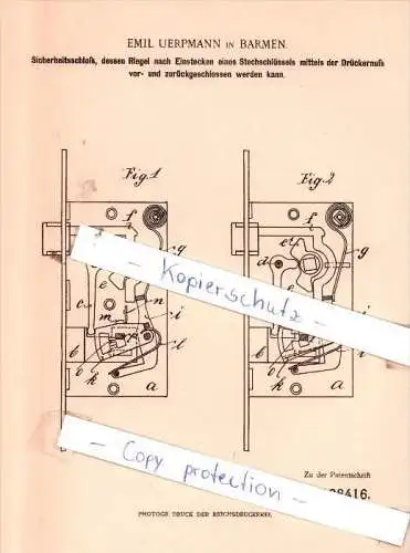 Original Patent  - Emil Uerpmann in Barmen b. Wuppertal , 1901 , Sicherheitsschloß !!!