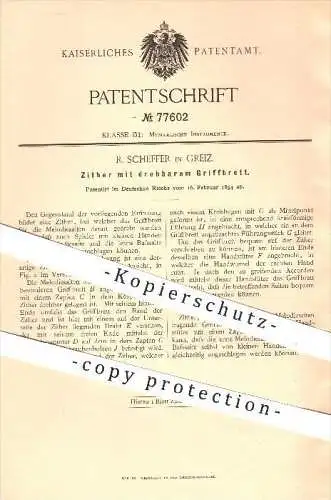 original Patent - R. Scheffer in Greiz , 1894 , Zitter mit drehbarem Griffbrett , Zittern , Musikinstrumente , Musik !