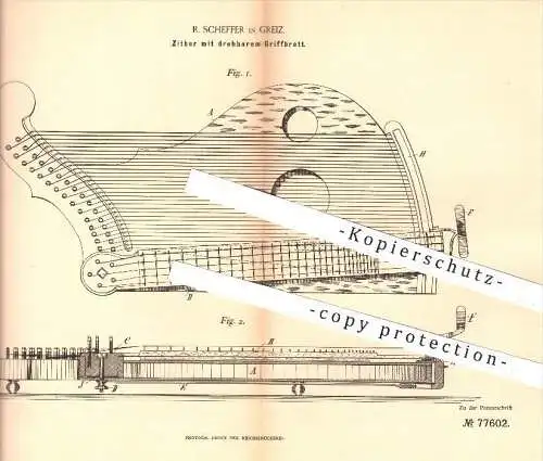 original Patent - R. Scheffer in Greiz , 1894 , Zitter mit drehbarem Griffbrett , Zittern , Musikinstrumente , Musik !