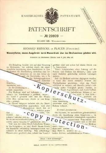 original Patent - Richard Reinicke in Plauen , 1884 , Wasserpfosten , Wasser , Wasserdruck , Hydrant , Hydranten !!