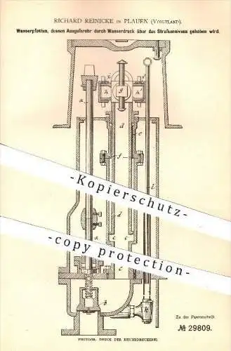 original Patent - Richard Reinicke in Plauen , 1884 , Wasserpfosten , Wasser , Wasserdruck , Hydrant , Hydranten !!