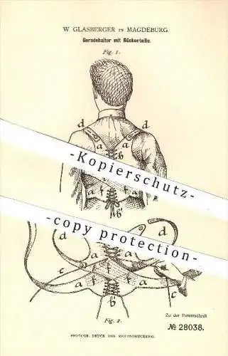 original Patent - W. Glasberger , Magdeburg , 1884 , Geradehalter mit Rückentaille , Rücken , Wirbelsäule , Gesundheit !