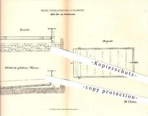 original Patent - F. Zwingenberger , Hamburg , 1880 , Wanne zum Kühlen u. Abrahmen von Milch , Kühlung , Landwirtschaft