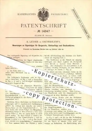 original Patent - K. Leyser in Oschersleben , 1880 , Signalzüge für Bergwerk , Gichtaufzüge , Glockentürme , Bergbau !!!