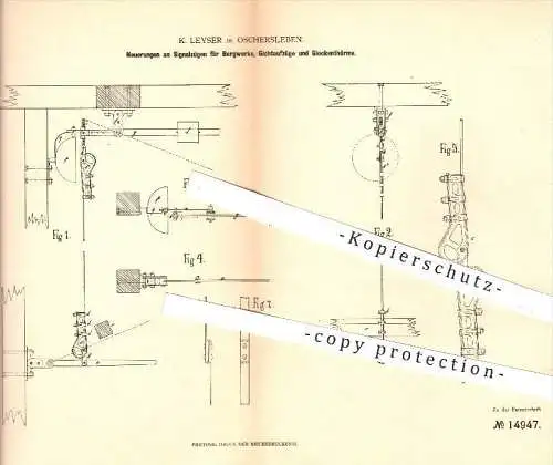 original Patent - K. Leyser in Oschersleben , 1880 , Signalzüge für Bergwerk , Gichtaufzüge , Glockentürme , Bergbau !!!