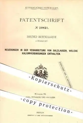 original Patent - B. Bernhardi , Stassfurt , 1879 , Verarbeitung von Salzlaugen mit Kaliumverbindungen , Lauge , Laugen