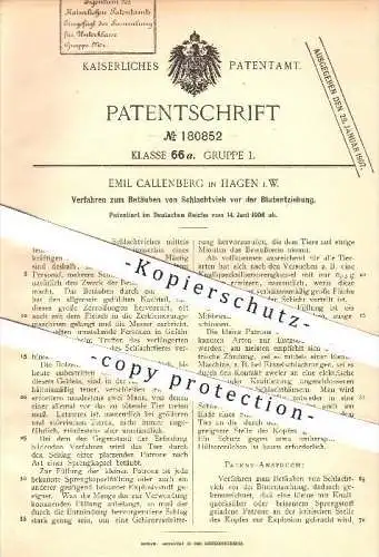 original Patent - Emil Callenberg in Hagen , 1906 , Betäuben von Schlachtvieh vor der Blutentziehung , Schlachterei !!